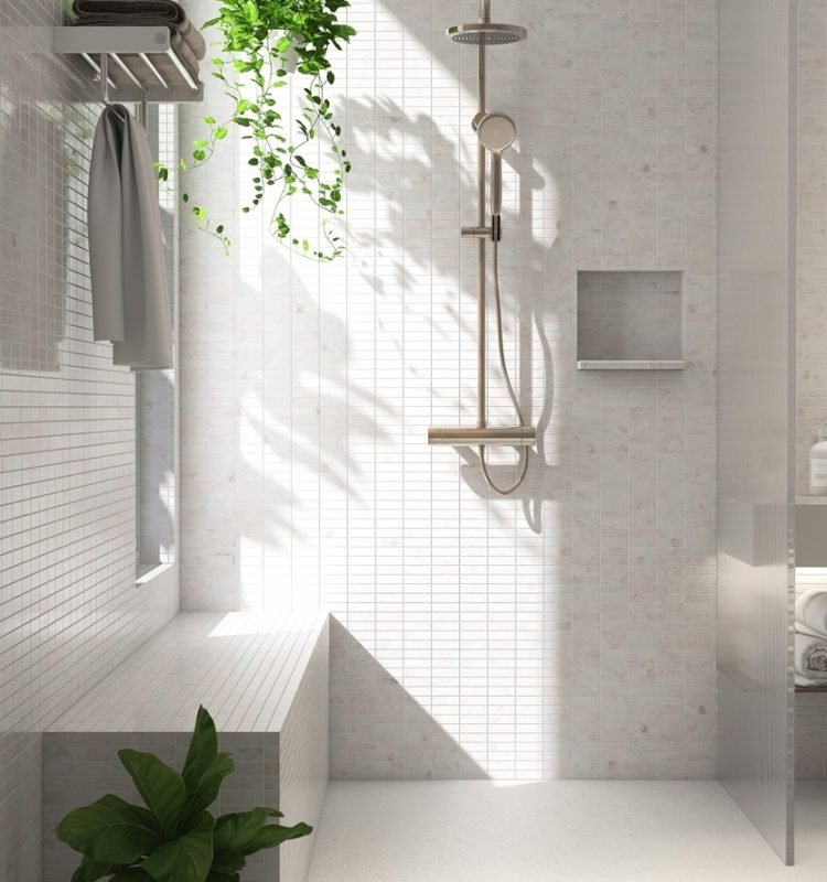 Shower,Bench,In,White,Tile,Wall,Modern,Luxury,Bathroom,,Reeded