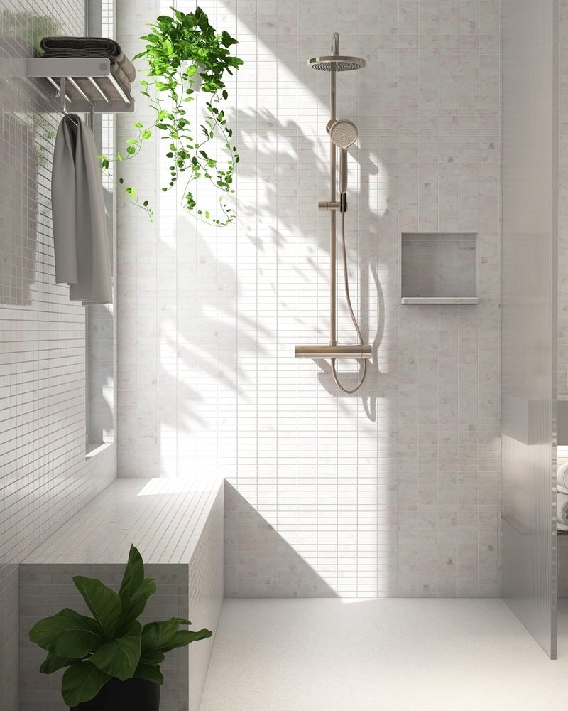 Shower,Bench,In,White,Tile,Wall,Modern,Luxury,Bathroom,,Reeded