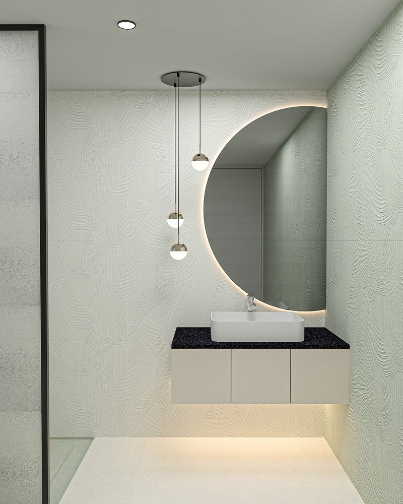 Contemporary,Bathroom,Interior,With,Textured,Mint,Green,Wall,Tiles,,Wall-hung